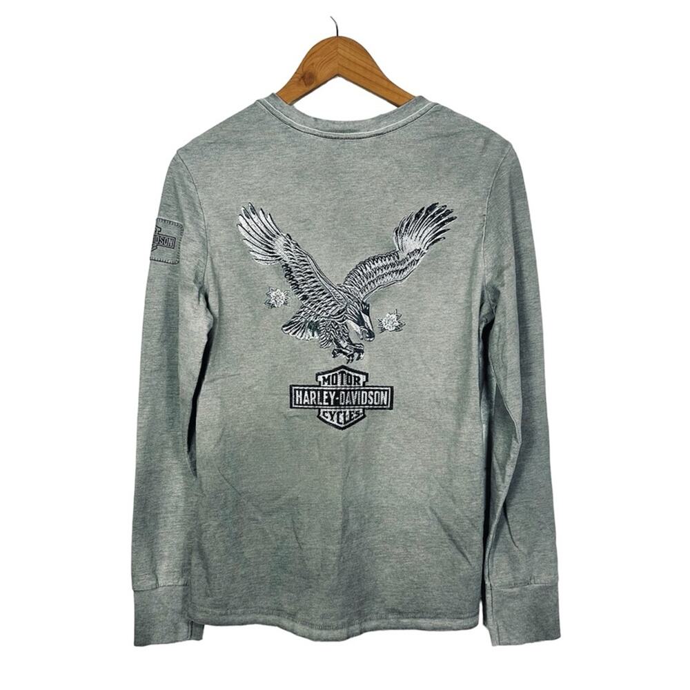 Harley Davidson Long Sleeve T Shirt Back Graphic Size Medium Women's Grey Black